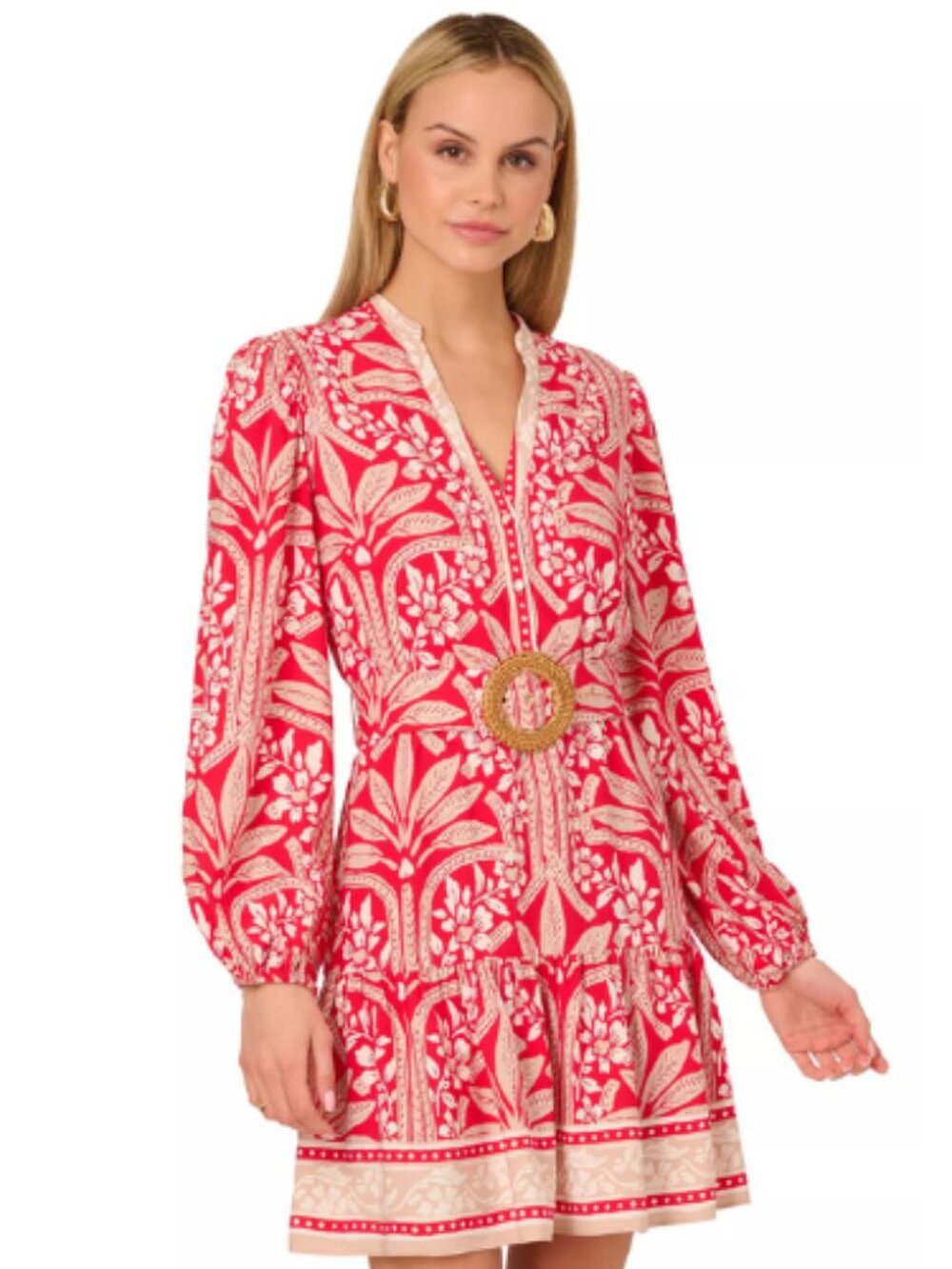 Adrianna Papell Red Ivory Cream Split Neck Palm Print Mini Dress Size 16